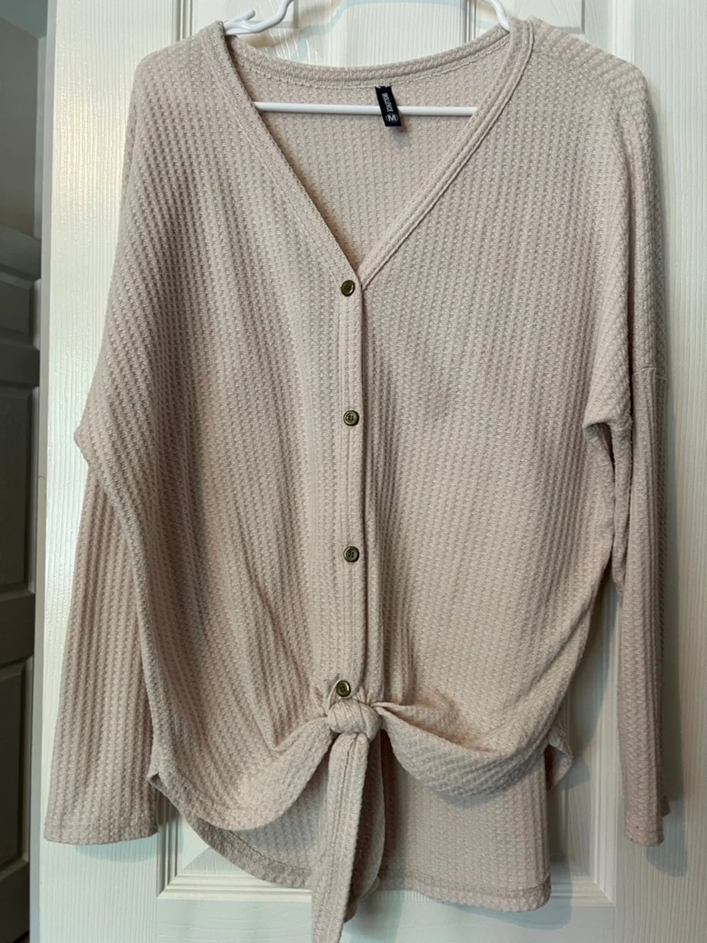 3 Casual Tie-Front Waffle Knit Sweater - Beige, Black, Burgundy - Picture 4 of 4